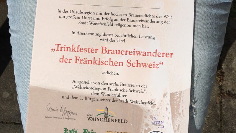 Unsere Urkunde nach 16 km und 6 Brauereien auf dem Brauereiwanderweg Waischenfeld - Aufseß in der Fränkischen Schweiz