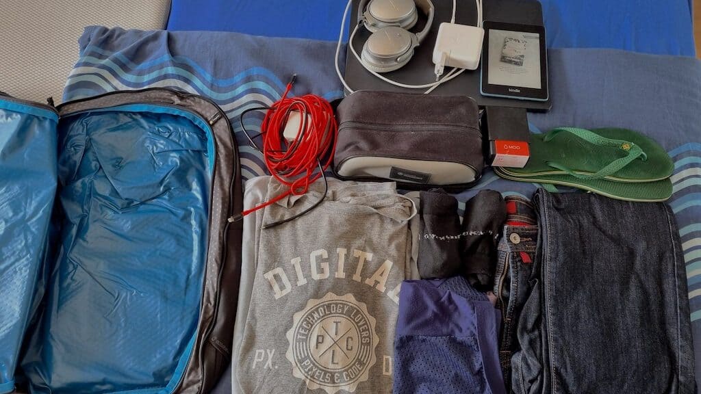 Reiserucksack Border Traveler 30L mit den einzupackenden Teilen (Jeans, 2 T-Shirts, 2 Sets Unterwäsche, Mehrfachladestecker Handys, MacBook pro & Ladegerät, Kindle, Over-Ear-Kopfhörer und Visitenkartenbox