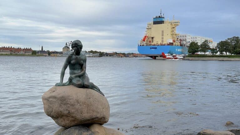 Die Kleine Meerjungfrau (Den Lille Havfrue) mit der Laura Mærsk im Hintergrund